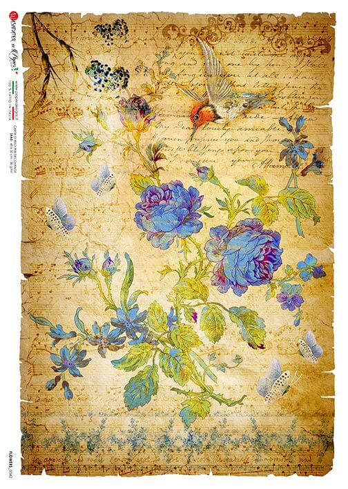 Blue Flowers on Vintage Music Notes