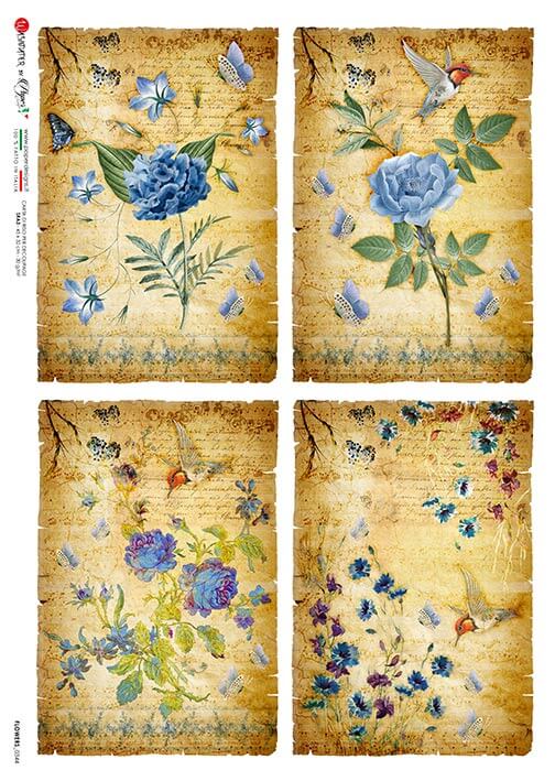 Blue Flowers on Vintage Music Notes
