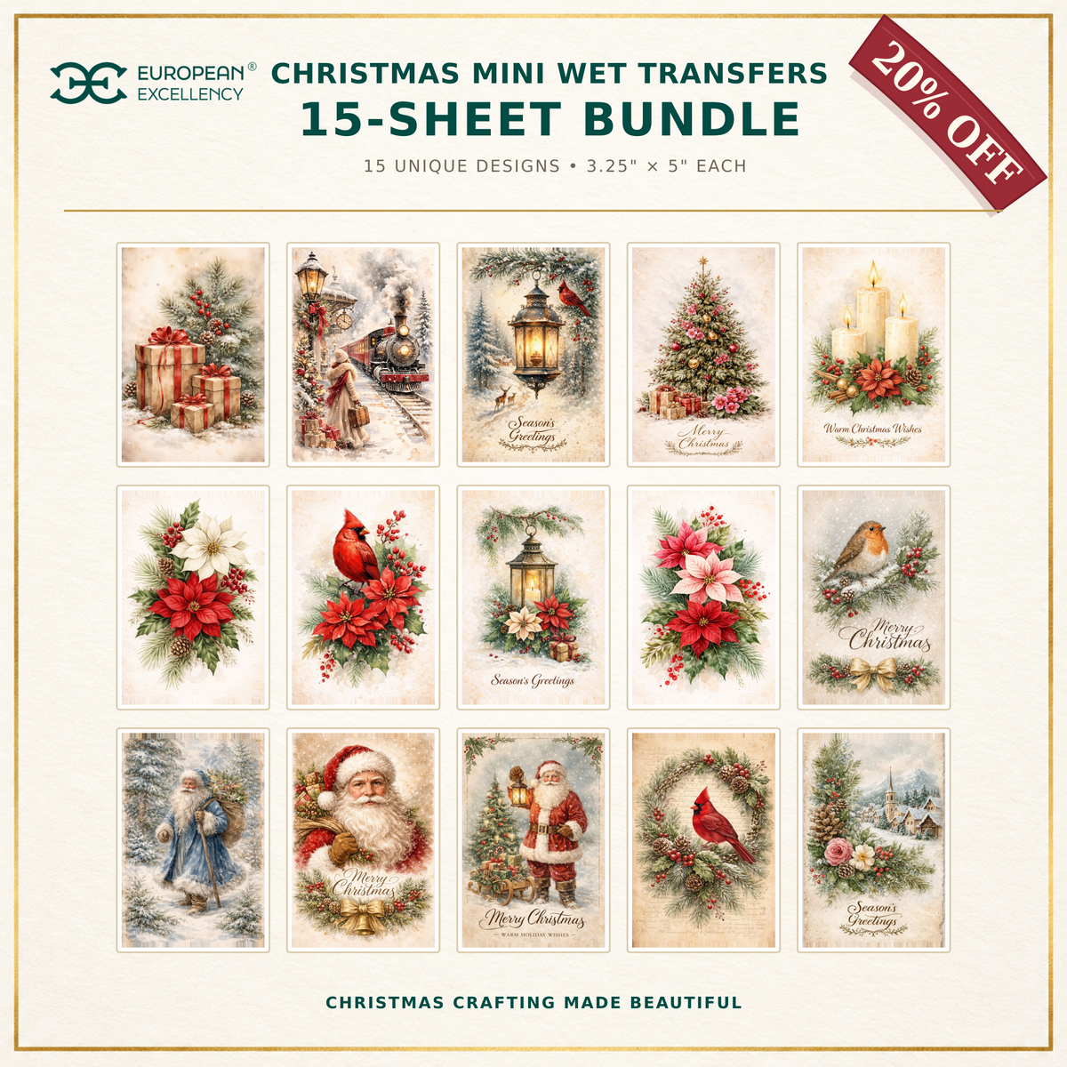 Christmas Mini Wet Transfer Bundle – 15 Sheets, 20% Off