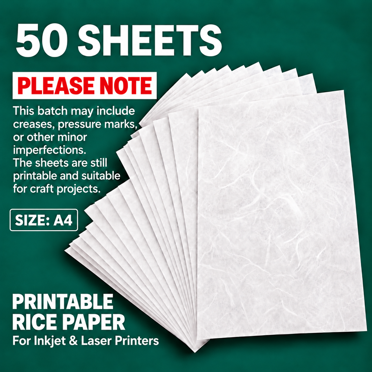 Printable Rice Paper for Inkjet & Laser Printers – A4, 30-35 GSM, 50 Sheets - Minor Imperfections