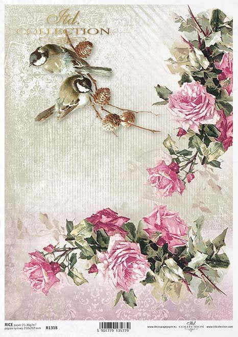 Pink Roses with Birds Rice Paper