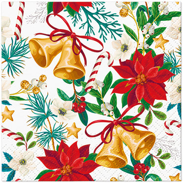 Poinsettia & Bells 20 Cocktail Napkins