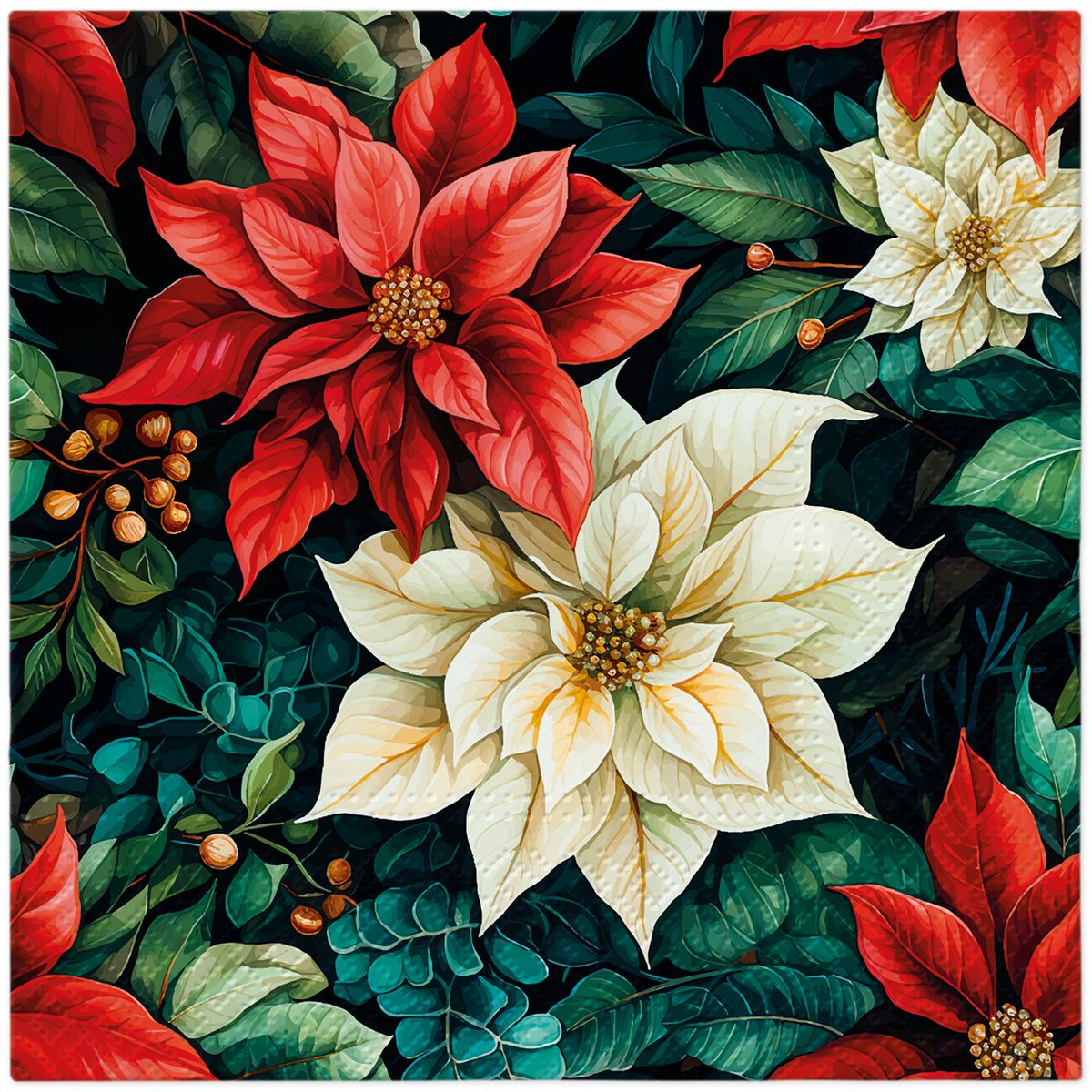 Poinsettia on Black Lunch Napkins
