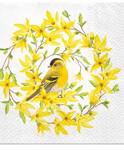 Forsythia Wreath with Yellow Bird Luncheon Napkins