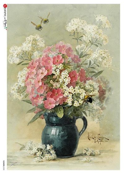Floral Bouquet in Black Vase Rice Paper