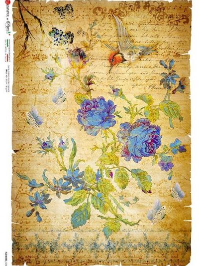 Blue Flowers on Vintage Music Notes Rice Paper