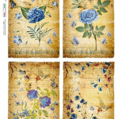 Blue Flowers on Vintage Music Notes Rice Paper (4 images on 1 sheet of paper)