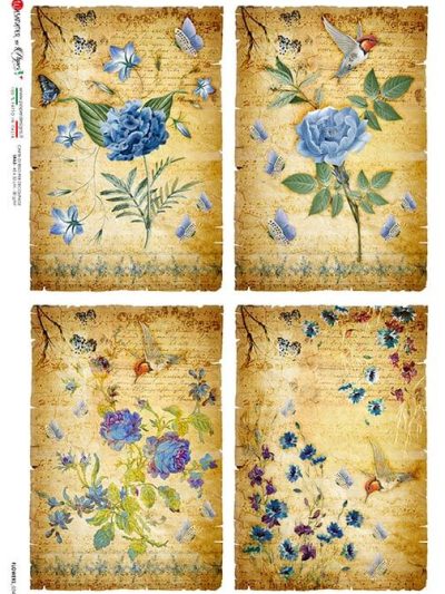 Blue Flowers on Vintage Music Notes Rice Paper (4 images on 1 sheet of paper)