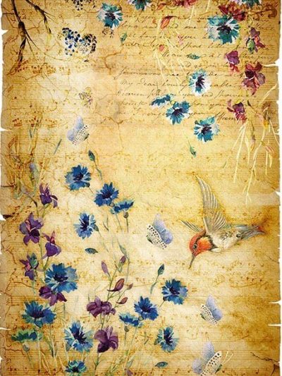 Bird and Blue Flowers on Vintage Rice Paper