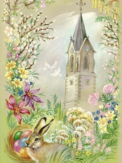 Easter Bunny by the Church Rice Paper