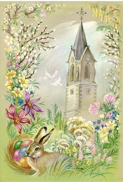 Easter Bunny by the Church Rice Paper